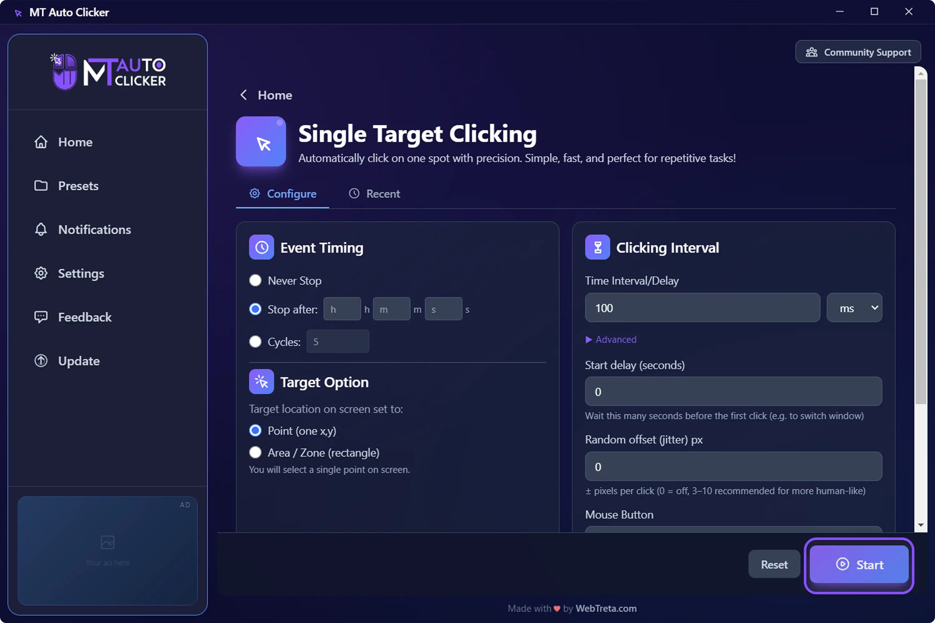 MT Auto Clicker — Step 5: Click Start and set target position