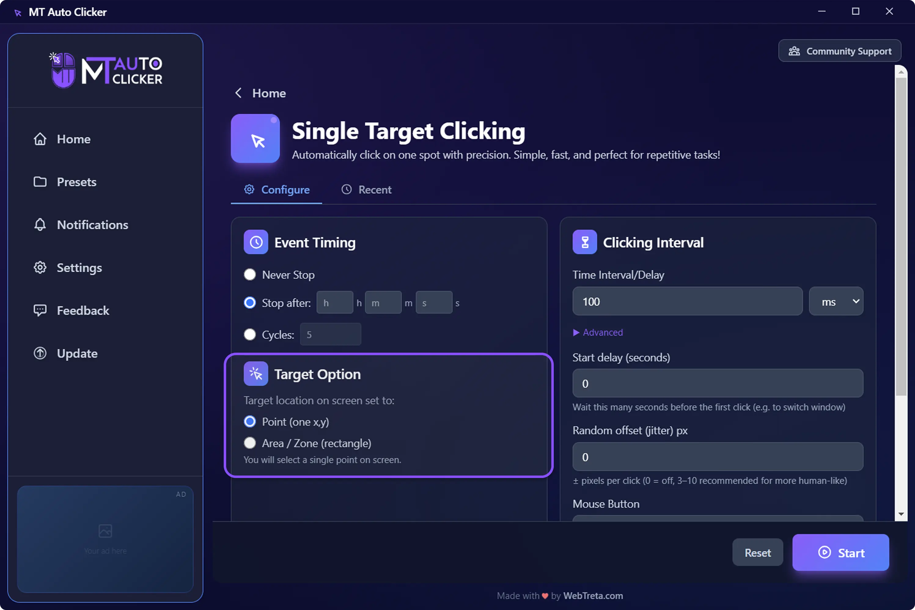 MT Auto Clicker — Step 3: Choose Point or Area target option